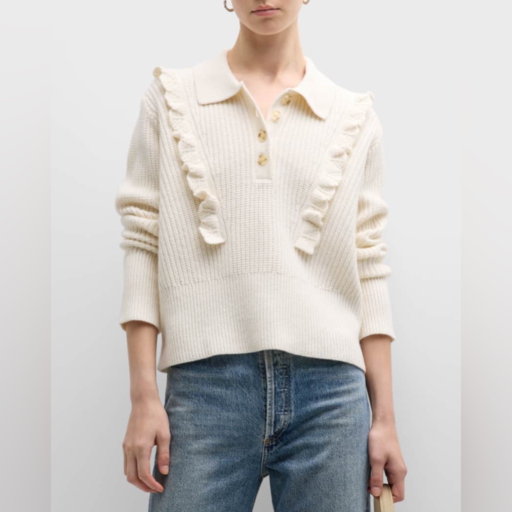 10 Crosby Derek Lam Cream Ruffle Polo-Knit Sweater